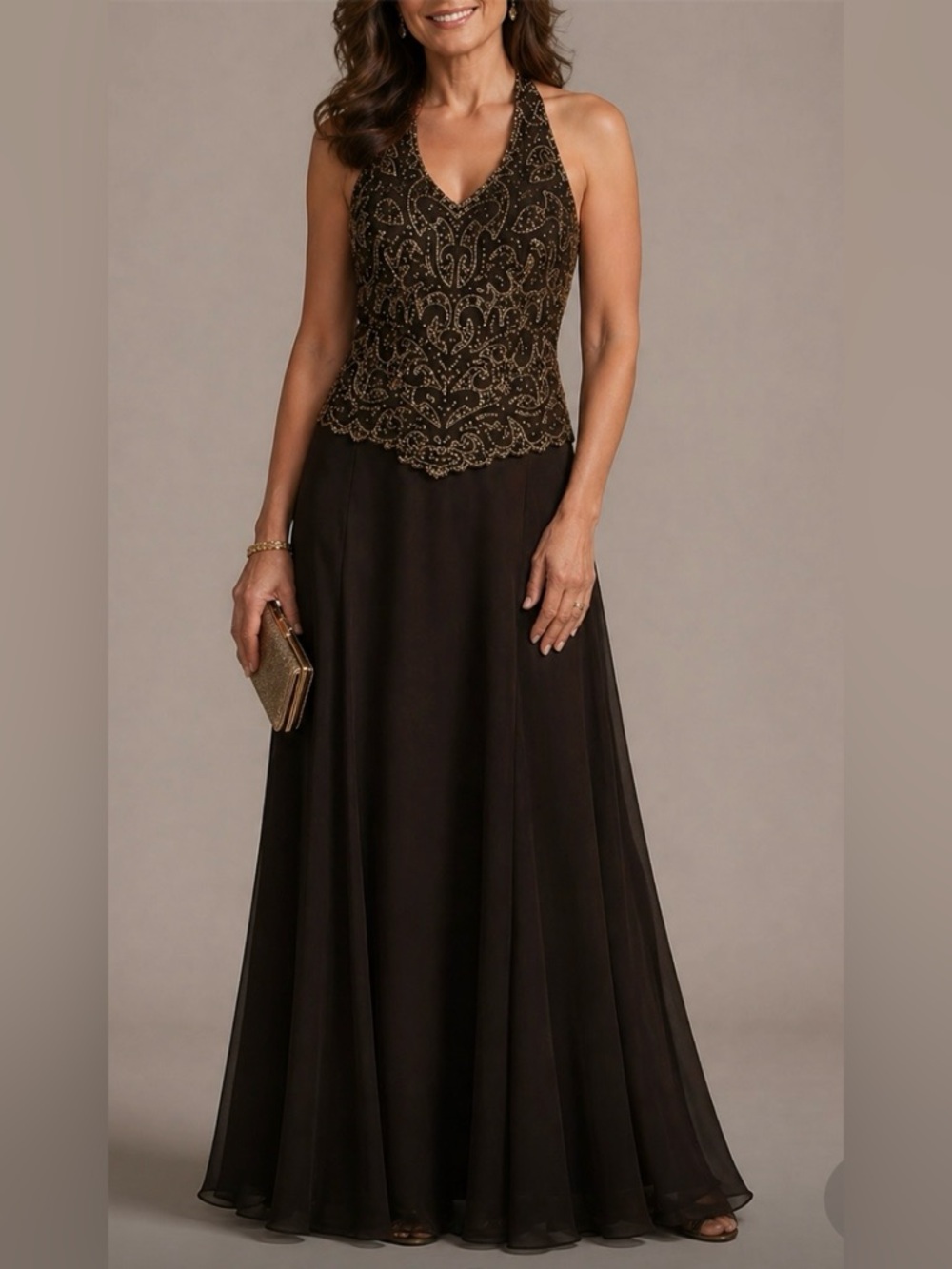 J Kara New York Beaded Evening Gown Dress Size 8 Brown Chiffon Formal Occasion